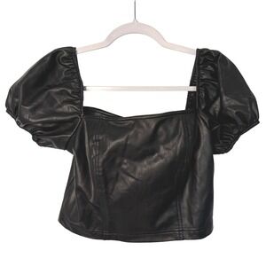 7‎ For All Mankind Black Faux Leather Puff Sleeve Crop Top S Goth Girl Baddie